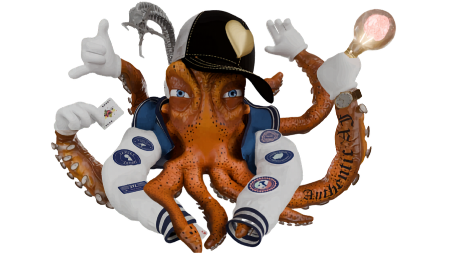 Melvin, the Disruptor Creations mascot — an octopus in a cap and gold chains