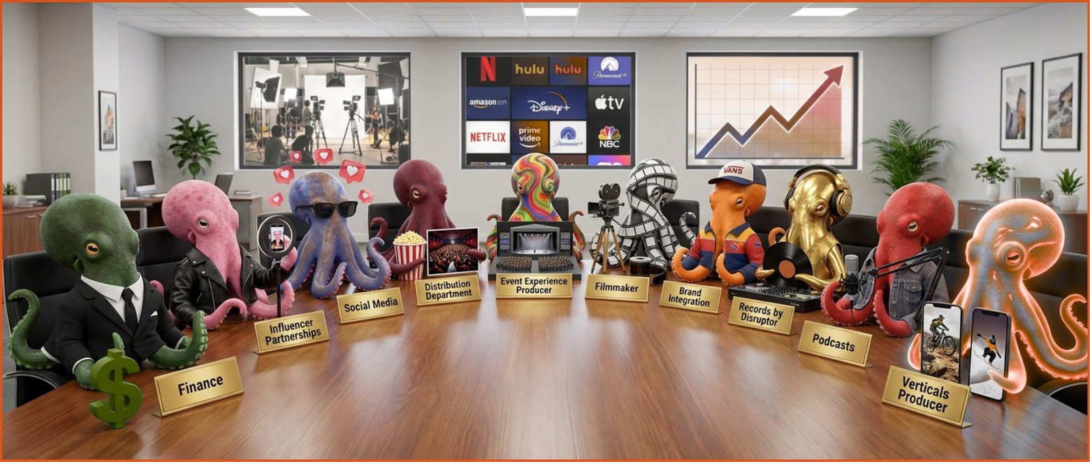 Illustrated characters seated at a boardroom table, each labeled with a Disruptor capability that joins the filmmaker at the table: Finance, Influencer Partnerships, Social Media, Distribution Department, Event Experience Producer, Filmmaker, Brand Integration, Records by Disruptor, Podcasts, and Verticals Producer